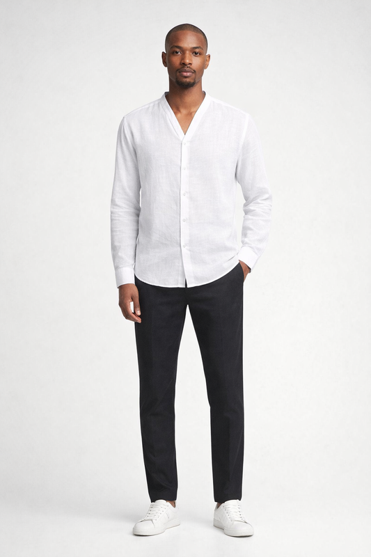 White Linen V Neck Shirt
