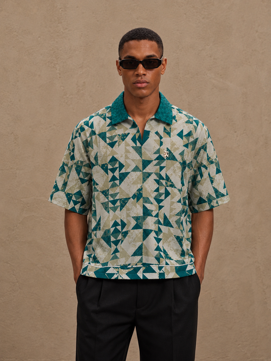 Green Patterned Shirt with Printed Collar