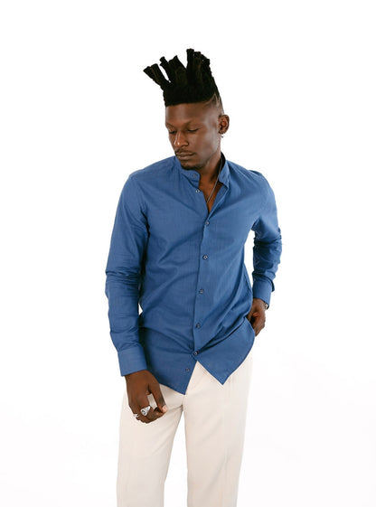 Midnight Blue Linen Bishop Collar