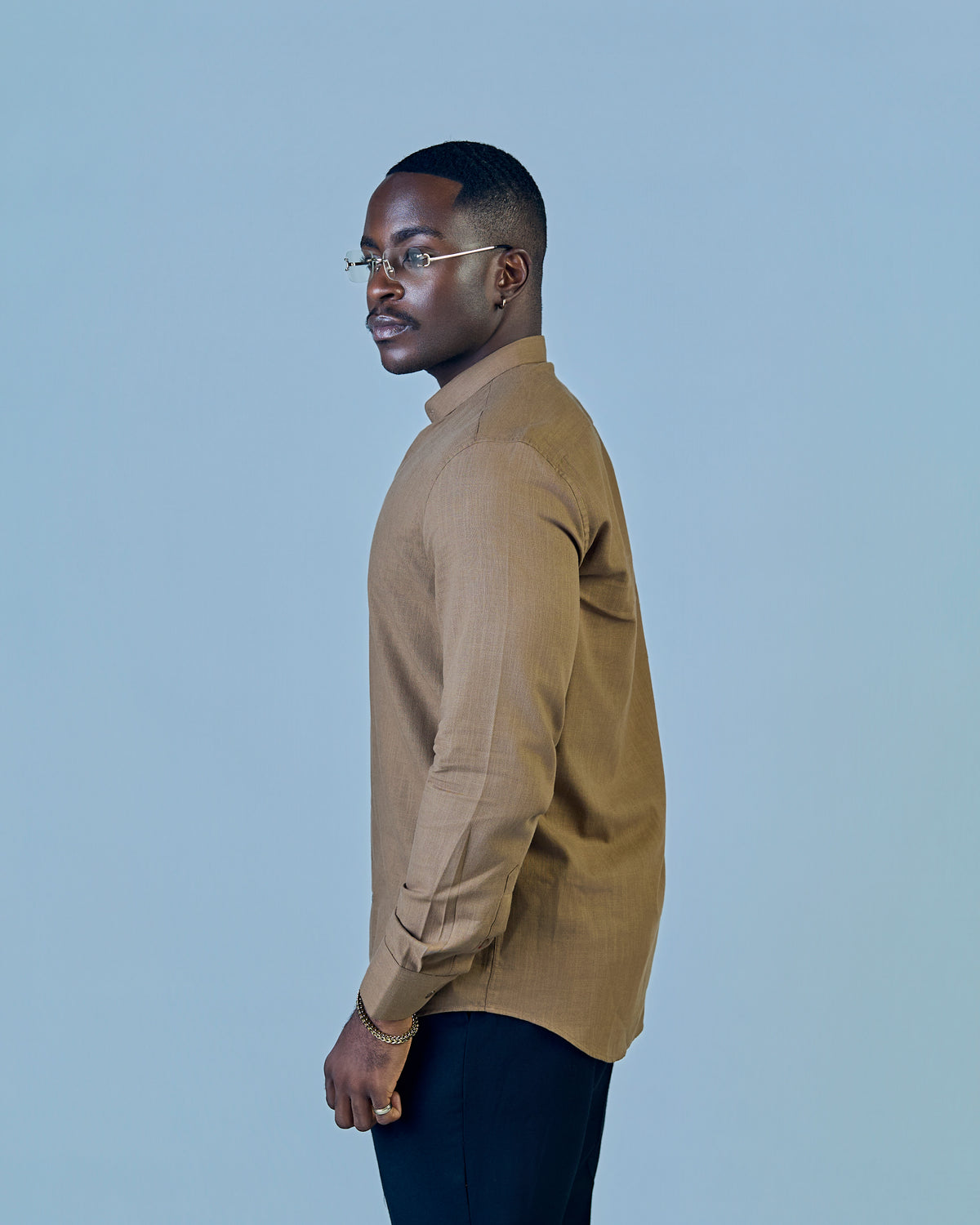 Brown Linen Bishop Collar Shirt