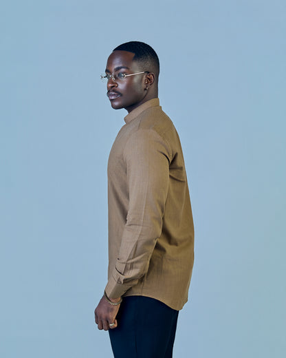 Brown Linen Bishop Collar Shirt