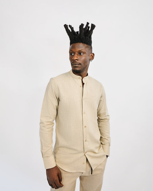 Beige Linen Bishop Collar Shirt