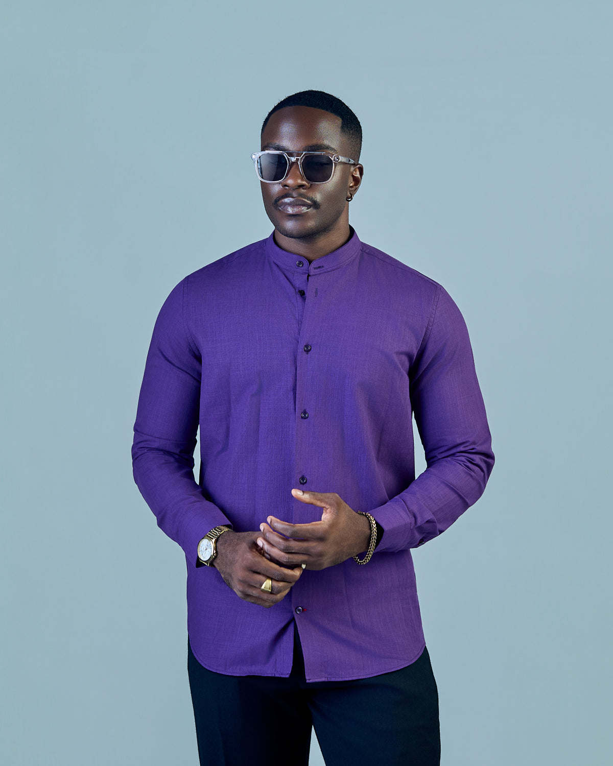 Purple Linen Bishop Collar Shirt