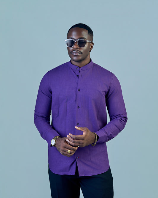 Purple Linen Bishop Collar Shirt