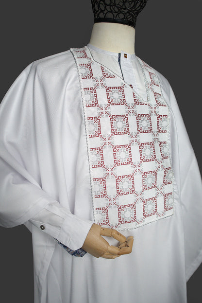 Cocaine White Long Sleeve Agbada With Wine Symmetrical Embroidery