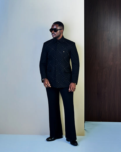 Black Jacquard Studded Safari Suit
