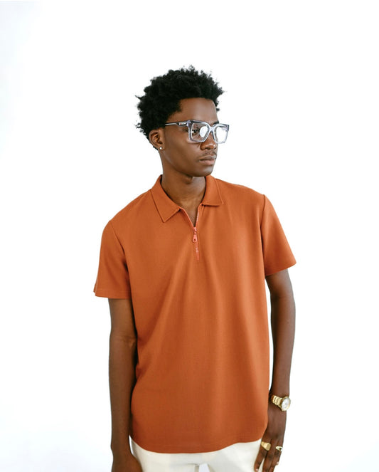 Orange Knitted Zipper Polo