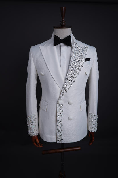 White Jaquard Two Piece tuxedo laced with crystal pearl beads