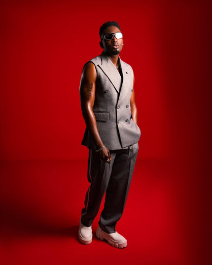 Grey sleeveless double breasted two piece suit