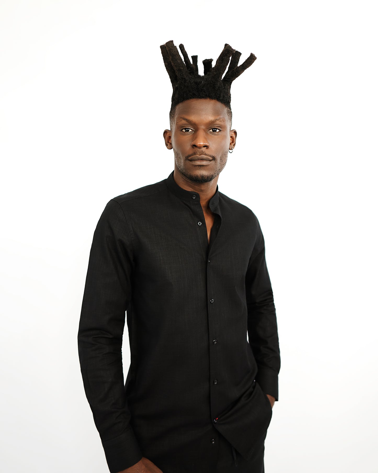 Black linen bishop collar long sleeve shirt