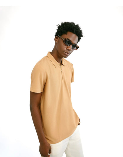 Brown Knitted Zipper Polo