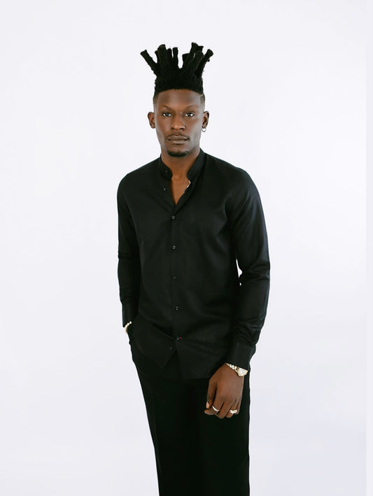 Black Oxford Bishop Collar Shirt