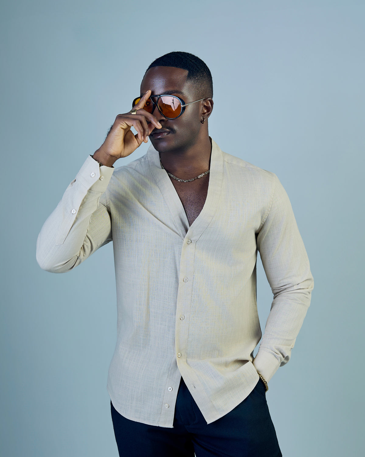 Beige Linen V-neck Shirt