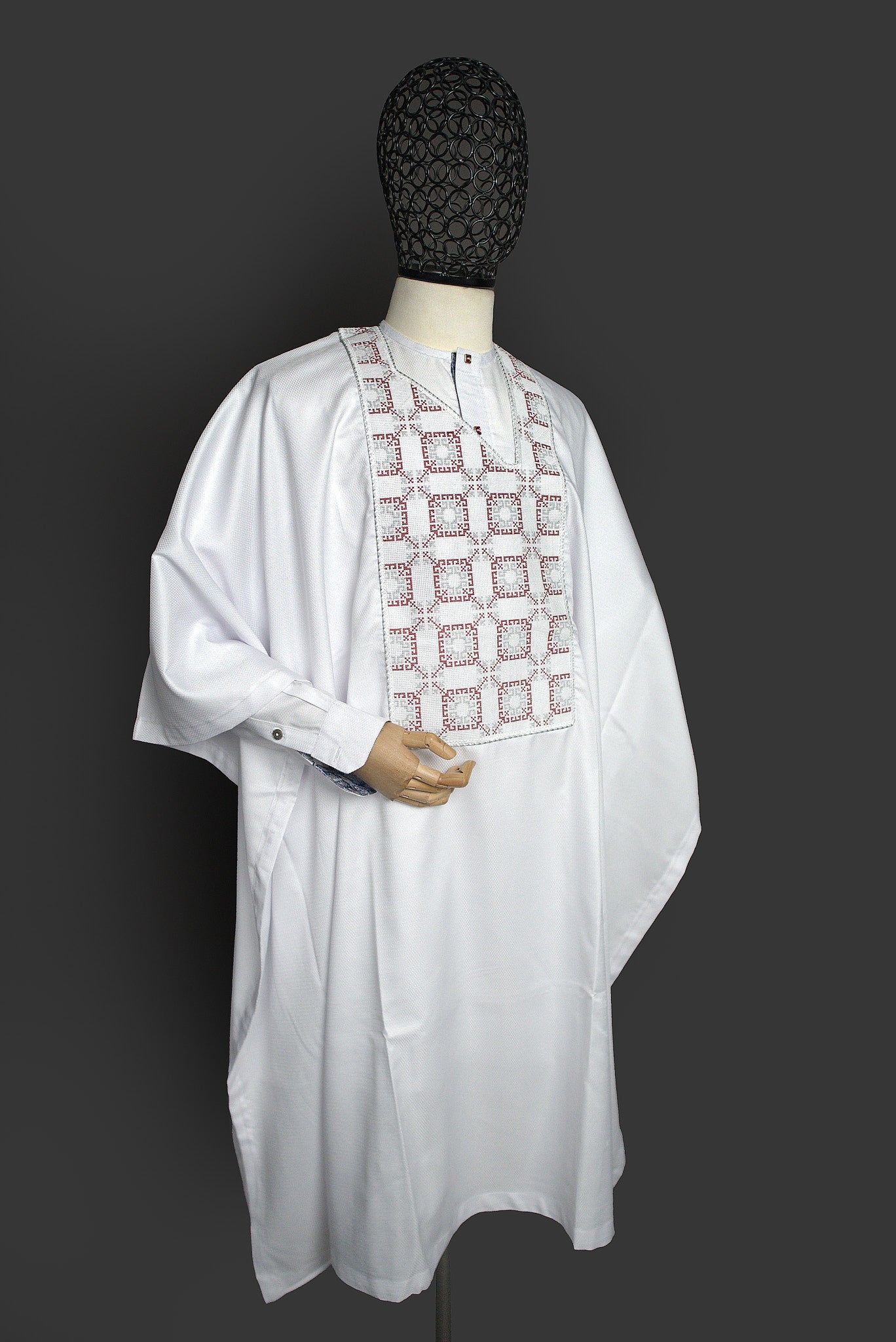 Cocaine White Long Sleeve Agbada With Wine Symmetrical Embroidery
