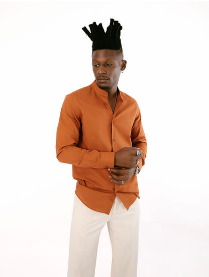 Burnt Orange Linen Bishop Collar Shirt