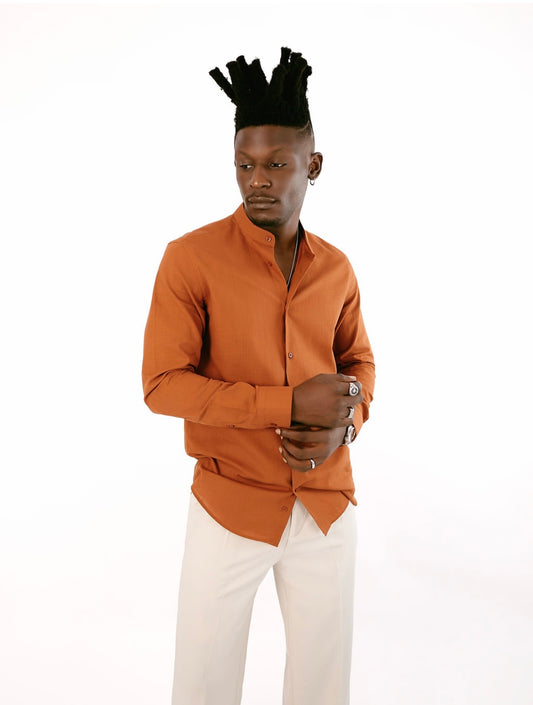 Burnt Orange Linen Bishop Collar Shirt