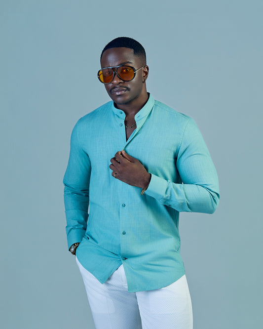 Mint Green Linen Bishop Collar Shirt