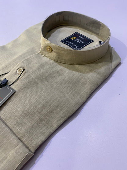 Beige Linen Bishop Collar Shirt