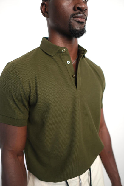 Army Green Knitted Polo Button