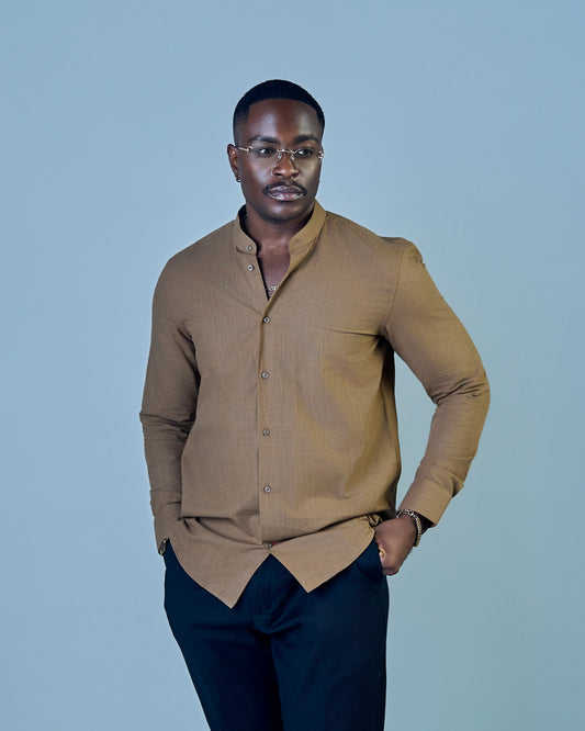 Brown Linen Bishop Collar Shirt