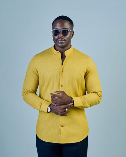 Yellow Linen Bishop Collar Shirt