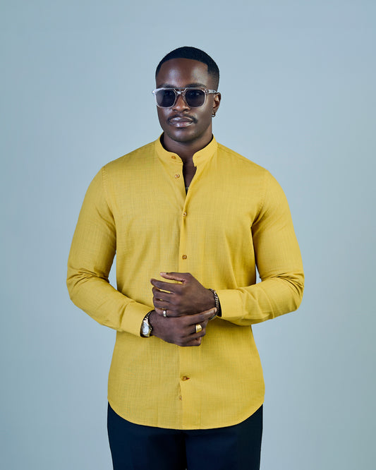 Yellow Linen Bishop Collar Shirt