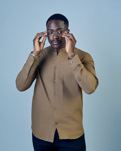 Brown Linen Bishop Collar Shirt