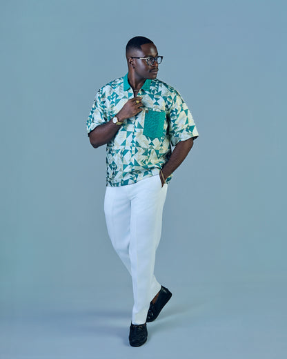 Green Patterned Shirt with Printed Collar