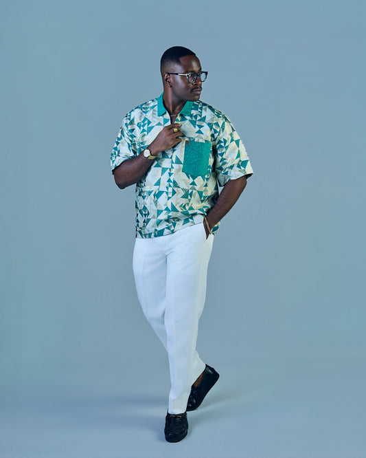 Green Patterned Shirt with Printed Collar