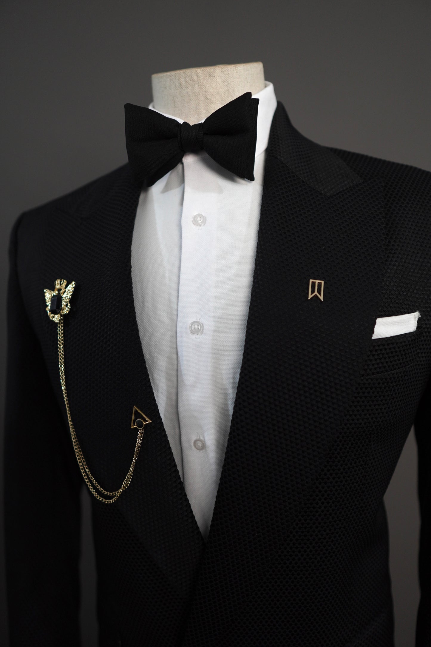 Black Jacquard Semi Double Breasted Tuxedo
