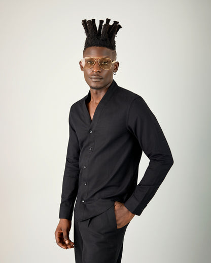 Black Linen Vneck Shirt