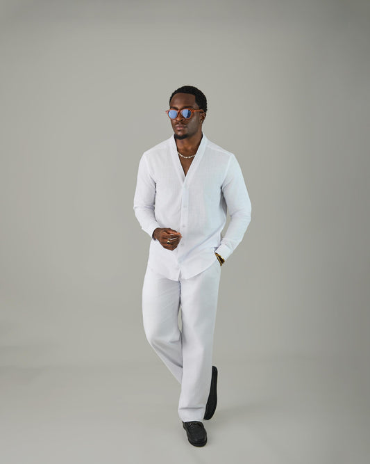 White Linen Vneck Set