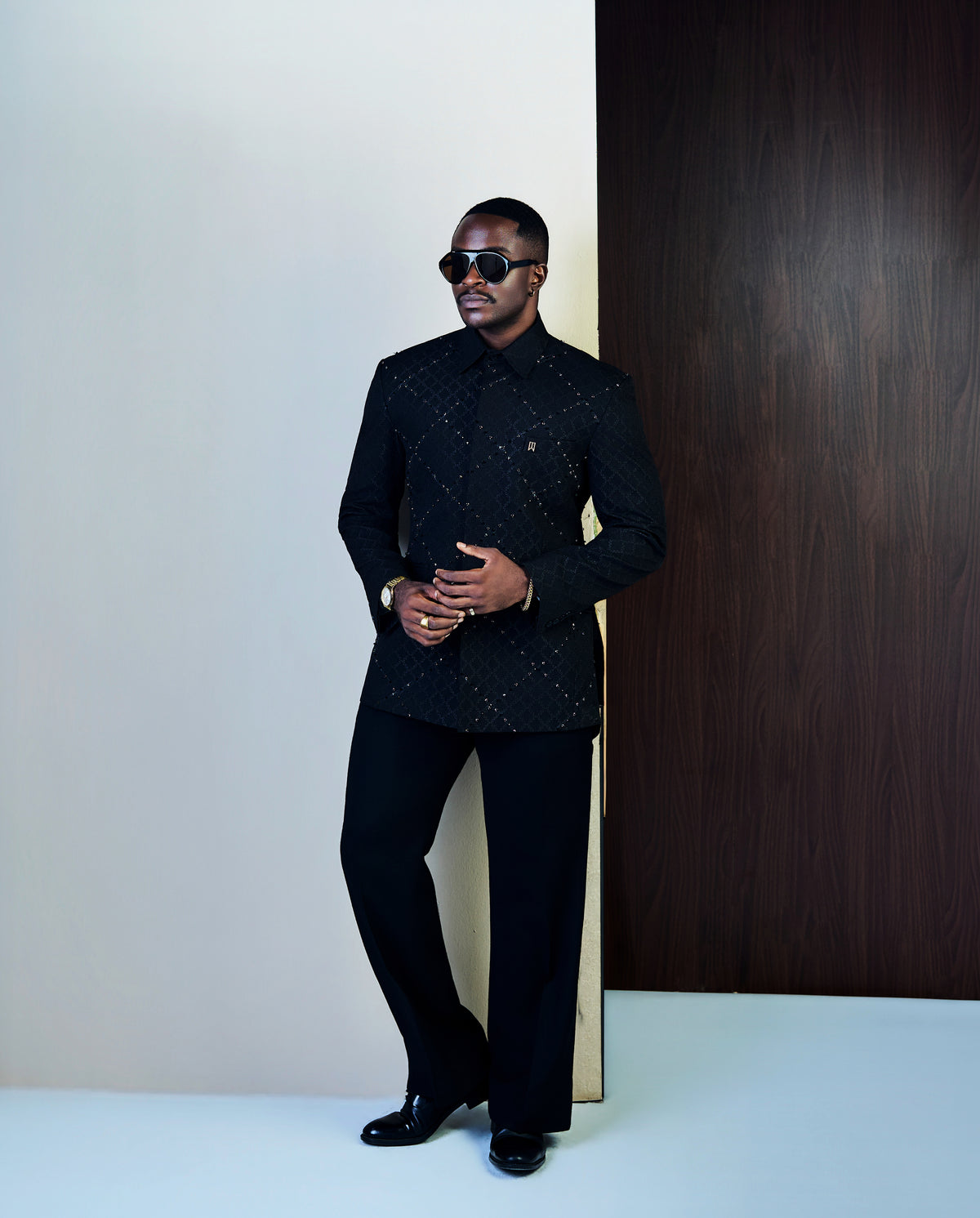 Black Jacquard Studded Safari Suit