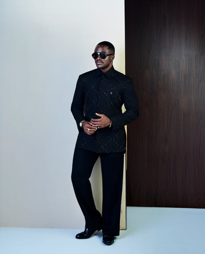 Black Jacquard Studded Safari Suit