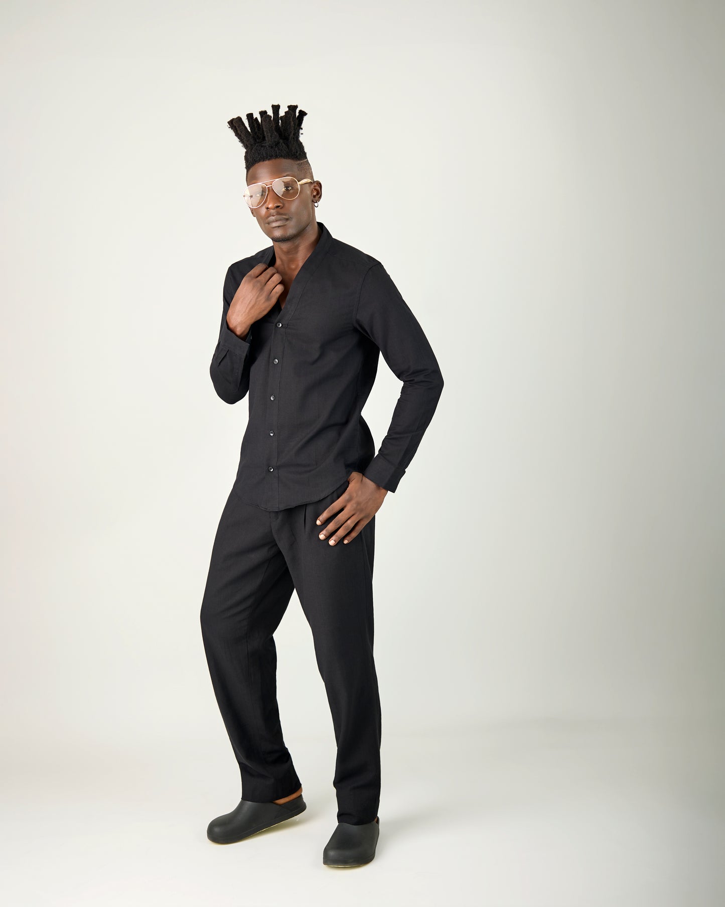 Black Linen Vneck Shirt