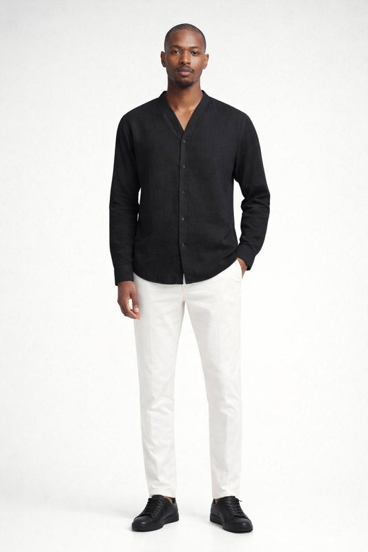 Black Linen V Neck Shirt