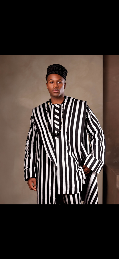 Black and white striped Aso oke lapel Native