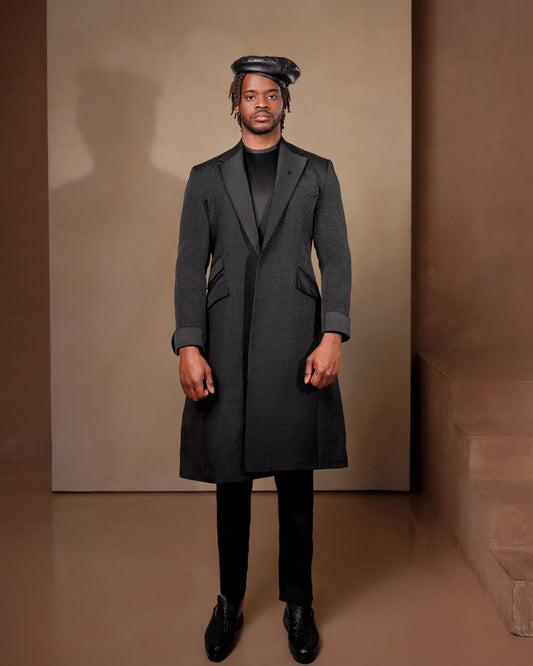 Black Aso Oke Three Piece Trench
