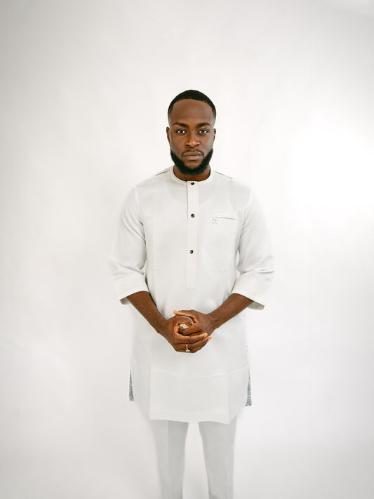 White Jacquard Three Quarters Sleeve Native
