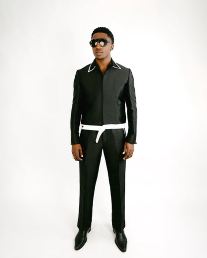 Black Satin Trucker Jacket and Pants