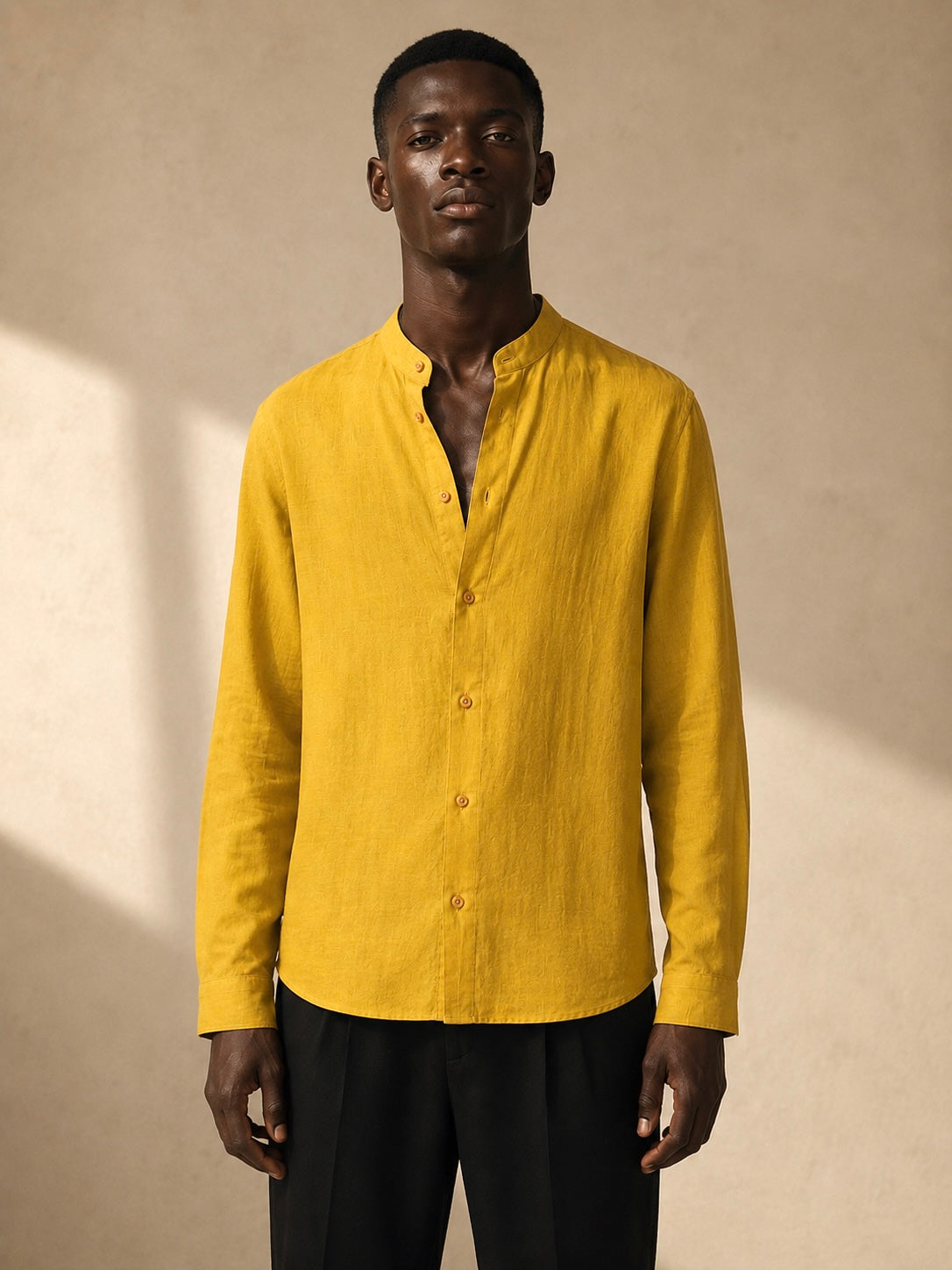 Yellow Linen Bishop Collar Shirt