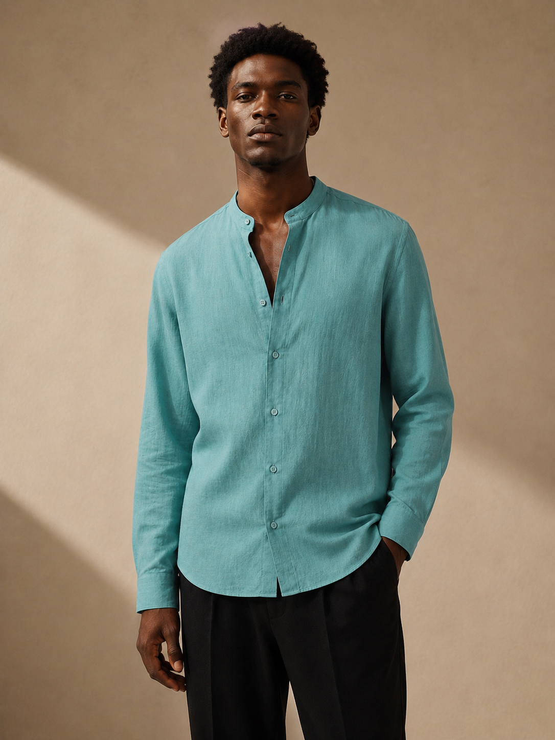 Mint Green Linen Bishop Collar Shirt