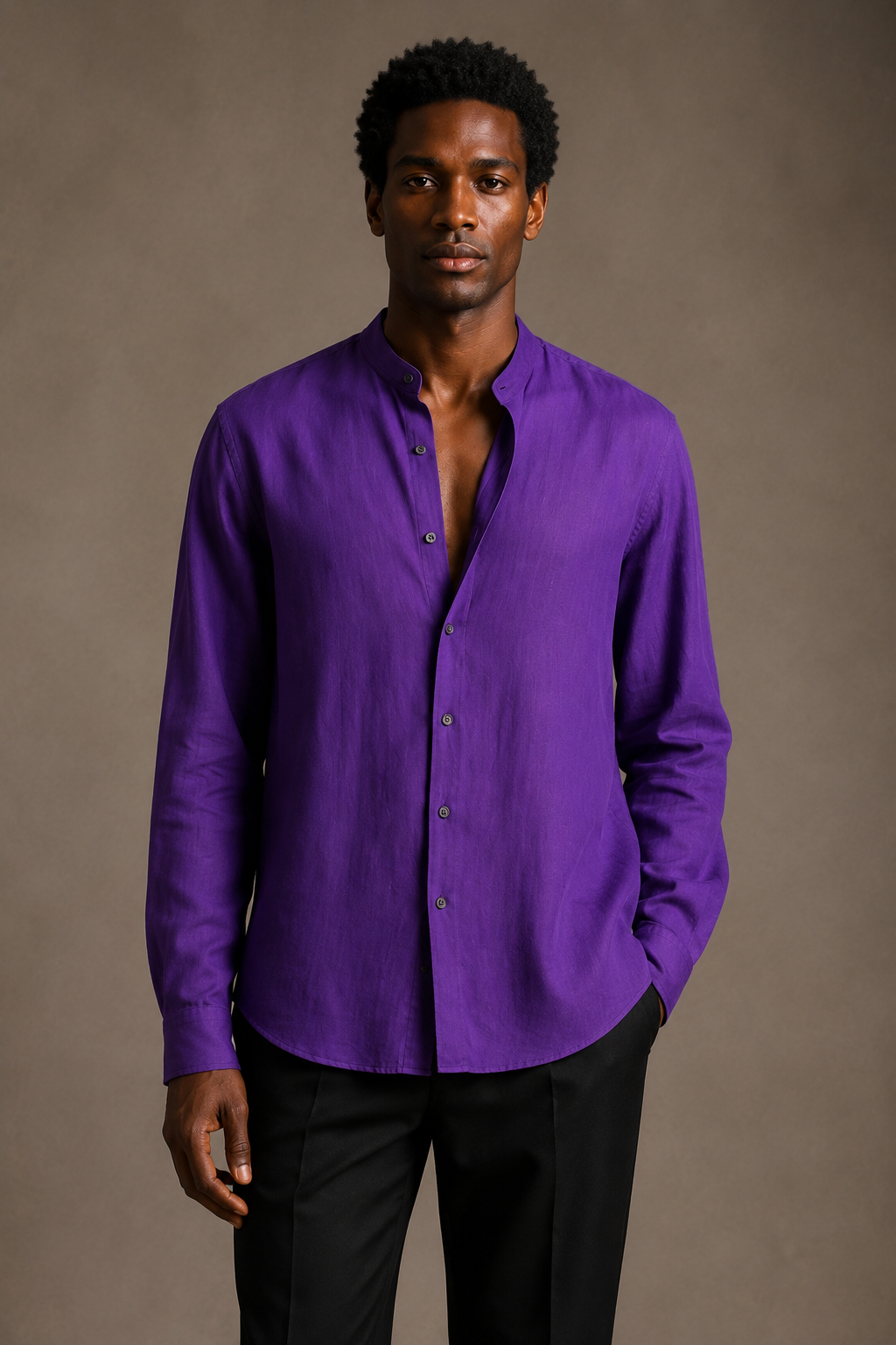 Purple Linen Bishop Collar Shirt