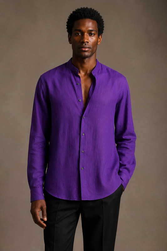 Purple Linen Bishop Collar Shirt