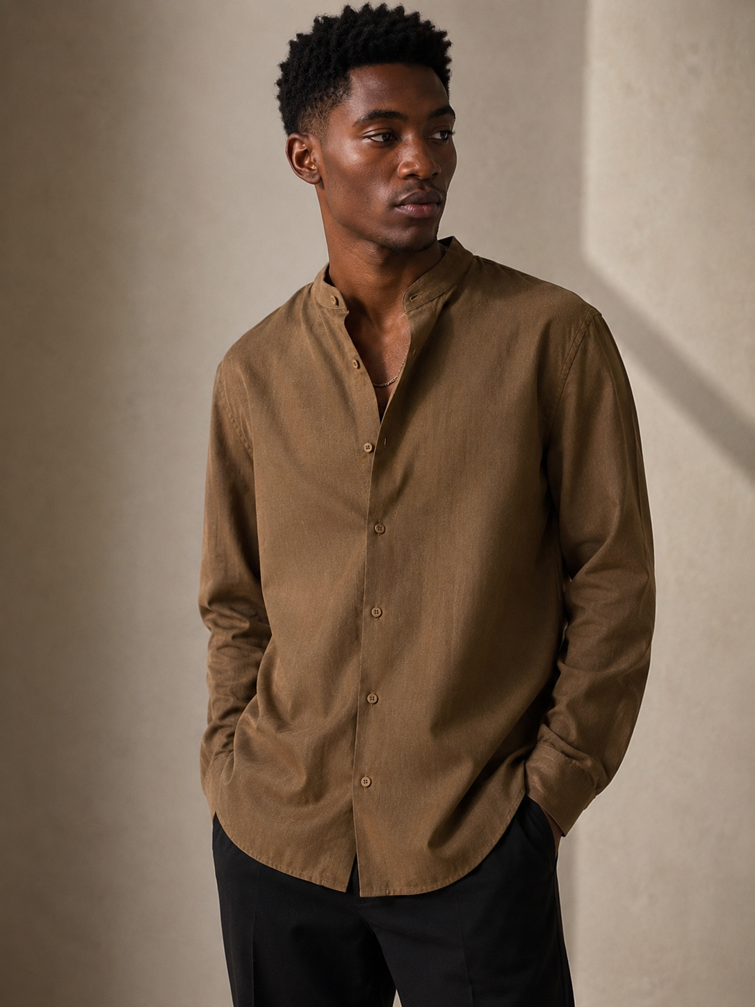 Brown Linen Bishop Collar Shirt