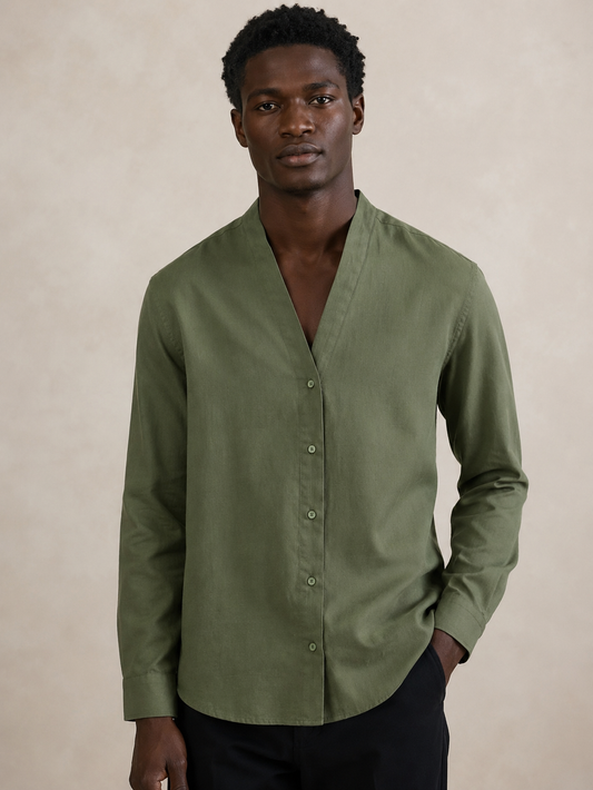 Green Linen V-neck Shirt