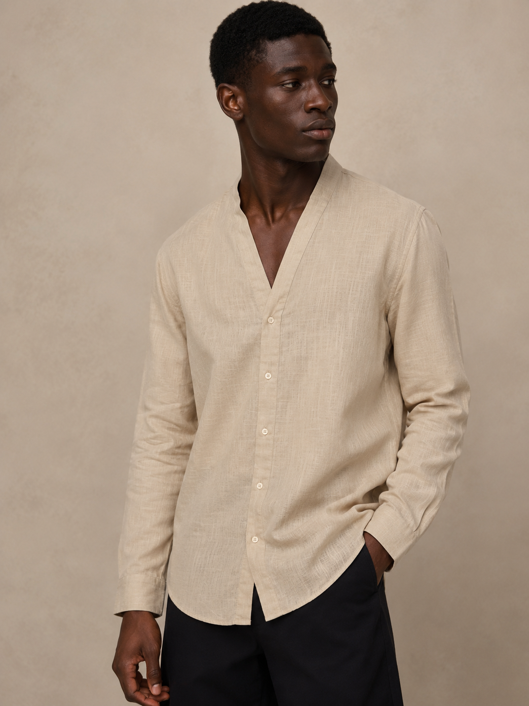 Beige Linen V-neck Shirt