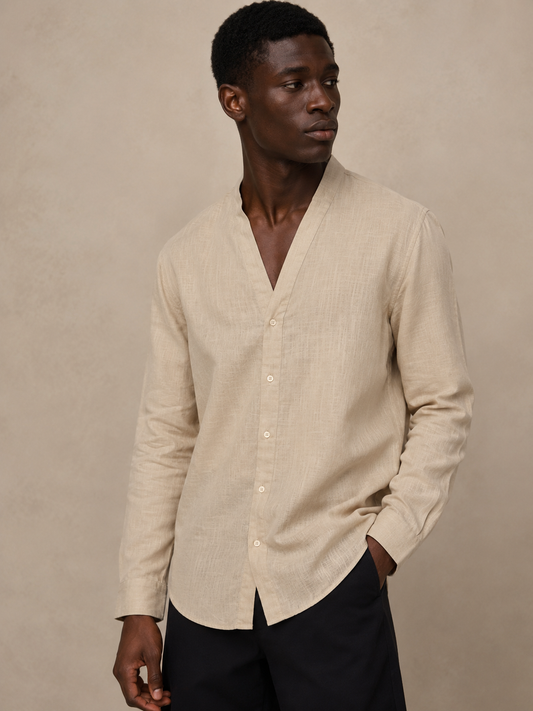 Beige Linen V-neck Shirt