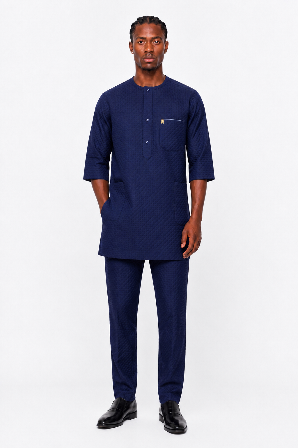 Navy Blue Jacquard 3/4 Sleeve Kaftan