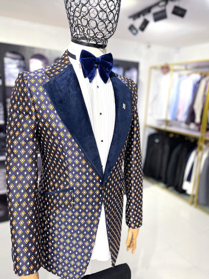 Navy Blue Jacquard Single Breasted Tux